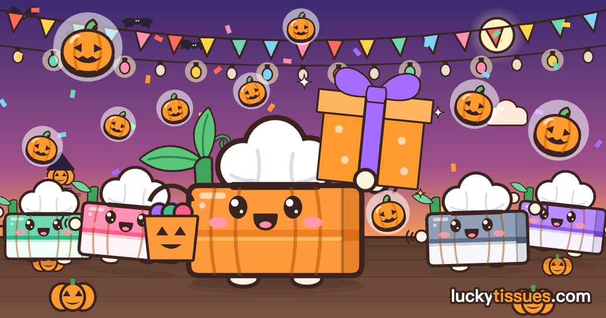 A Halloween luck greeting from Lucky Tissues, with the pumpkin tissue box on a pumpkin patch